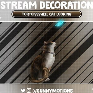 May include: A tortoiseshell cat with a collar sits on a gray and black striped background, looking up at a blue butterfly.