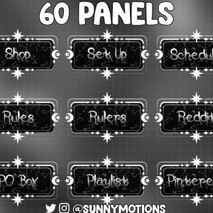 Paneles de Twitch con cartas del Tarot Celestiales, Blanco y Negro Brillantes, Estrella Minimalista, Luna Creciente para Streamers, Galaxia con Destellos Brillantes, Caja de Neón, Banners