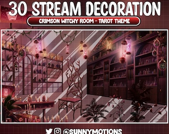 30 Animated Stream Decoration: Red Witchy Celestial Game Room PC Set Up, Goth Twitch Overlay, Tarot Card, Candle, Ghost, Skull Poison Plant