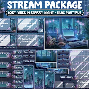 FULL ANIMATED Stream Package: Studying At Witchy Coffee Vibes, Croissant Bread, Crescent Mug, Blue City Night, Lilac Platypus Twitch Overlay