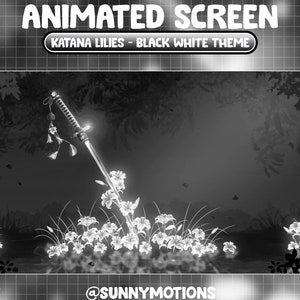 Puede incluir: Imagen en blanco y negro de una katana que yace en el suelo rodeada de lirios blancos. La imagen tiene el texto "KATANA LILIES - BLACK WHITE THEME" en la parte superior.
