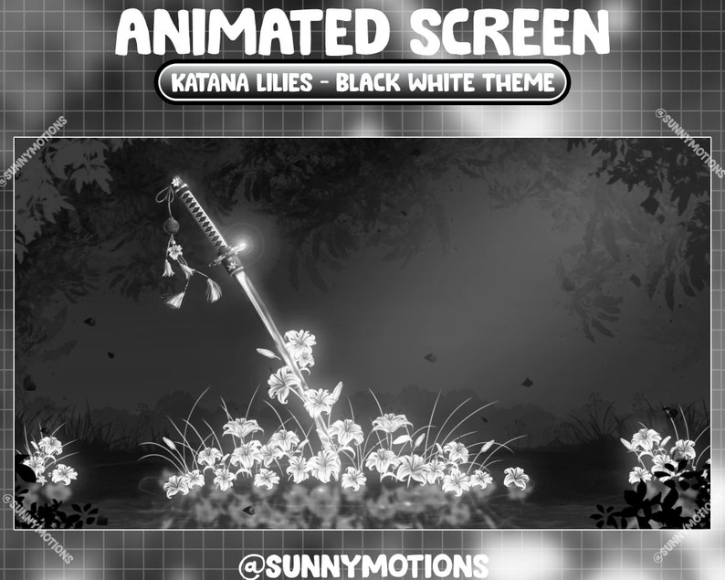 Puede incluir: Imagen en blanco y negro de una katana que yace en el suelo rodeada de lirios blancos. La imagen tiene el texto "KATANA LILIES - BLACK WHITE THEME" en la parte superior.