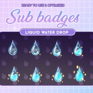 Może przedstawiać: Animowane niebieskie sub-odznaki w kształcie kropli wody dla Twitcha. Odznaki przedstawiają kroplę wody z efektem falowania i błyskotkami.