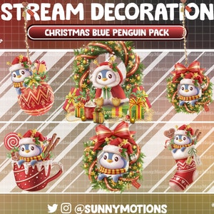 May include: A set of five Christmas-themed stream decorations featuring blue penguins. The decorations include a penguin in a stocking, a penguin in a mug, a penguin in a wreath, a penguin in a Christmas ornament, and a penguin sitting on a gift box.