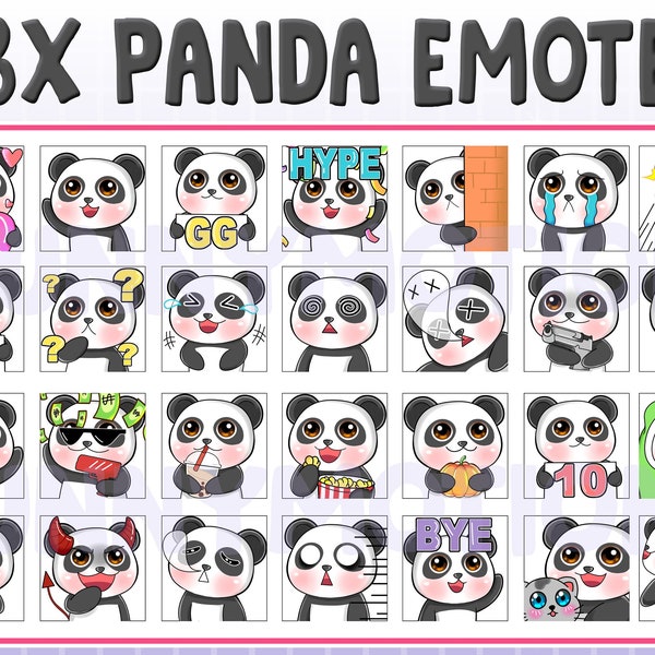 28 emotes Twitch Discord / Panda mignon / Emoji kawai / Emote Chibi / Badges Sub Bit / RIP Cosy Love Lurk Cry Shock Comfy / Pack d'emotes en streaming