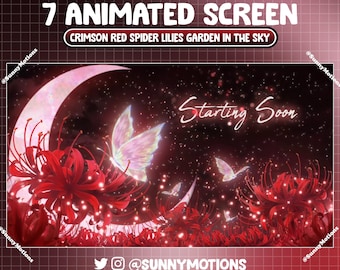 Superposición animada de pantalla de Twitch del jardín de lirio araña rojo oscuro, fondo de Vtuber de escena de corriente de mariposa mágica Crimson Lycoris Radiata