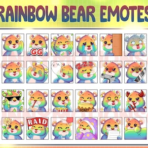 34 Twitch Discord Emotes Rainbow Teddy Bear / Kawai Chibi Emoji / Cute Panda Sub Bit Badges / Animal Emote Premade Pack / Honey Bears Stream
