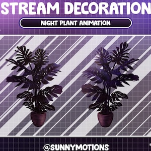Peut inclure: Deux plantes en pot noires en silhouette avec de grandes feuilles sur un fond à rayures violettes et blanches. Le texte "NIGHT PLANT ANIMATION" est au-dessus des plantes.