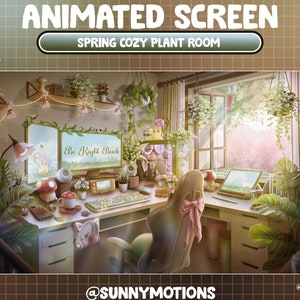 Écran de diffusion Twitch ANIMÉ : salle d&#39;installation esthétique et cosy du jeu de plantes / Matin vert de printemps / Champignon, lumière Sakura, pot de plante suspendu