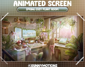 Pantalla ANIMADA de transmisión de Twitch: Sala de configuración de juegos de plantas acogedoras y estéticas / Día verde de la mañana de primavera / Hongo, luz de Sakura, maceta colgante