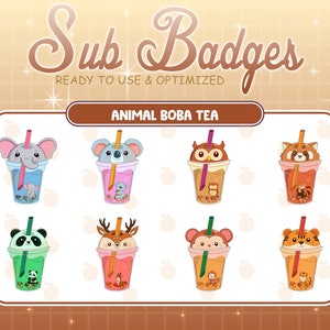 Mono, Tigre, Panda Rojo, Búho, Oso Koala, Elefante, Venado Bubble Tea Twitch Lealtad Sub Bit Insignias / Kawai Animal Emotes / Twitch Overlay