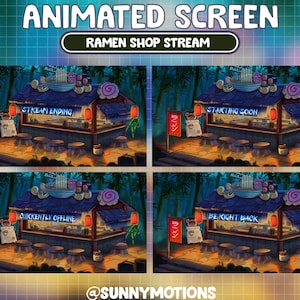 Superposición de pantalla animada de Twitch / Escena japonesa de Mystic Ramen Shop / Bosque mágico / Púrpura / Panda / Oscuro / Luna / Noche / Kawaii / Tienda de comida