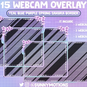 15 Animated Teal Purple Blue Spring Cherry Blossom Twitch Webcam Overlay, Pink Sakura, Japanese Frame Decoration Webcam Border Camera Stream