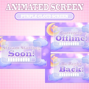 5x Animated Twitch Cute Lavender Purple Dreamy Cloud Moon Screens / Offline / Brb / Starting Soon / Kawaii / Streamer / Twitch Overlay Pack