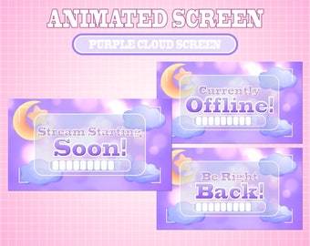 5x Animated Twitch Cute Lavender Purple Dreamy Cloud Moon Screens / Offline / Brb / Starting Soon / Kawaii / Streamer / Twitch Overlay Pack
