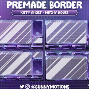 May include: Purple and blue Twitch stream border with a witchy house theme. The border features a kitty ghost, a string of lights, and a window with rain. The text "Kitty Ghost - Witchy House" is displayed at the top of the border.