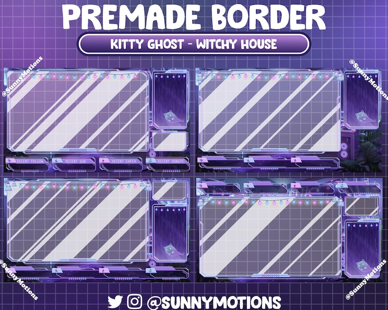 May include: Purple and blue Twitch stream border with a witchy house theme. The border features a kitty ghost, a string of lights, and a window with rain. The text "Kitty Ghost - Witchy House" is displayed at the top of the border.