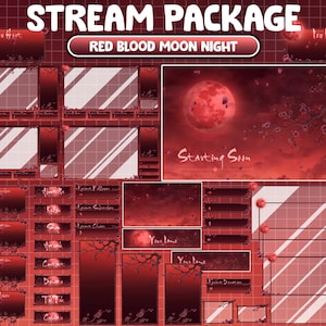 May include: A red blood moon night themed Twitch stream package with a starting soon screen, chat, and donation panels. The package includes a red moon with pink cherry blossoms and clouds.