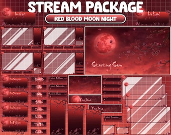 Animated Twitch Stream Package Overlay / Dark Red Celestial Halloween Moon / Blood Sky Night / Spooky, Ghost, Sakura Falling, Cherry Blossom