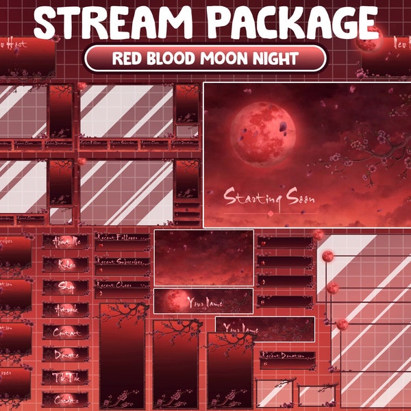 Animated Twitch Stream Package Overlay / Dark Red Celestial Halloween Moon / Blood Sky Night / Spooky, Ghost, Sakura Falling, Cherry Blossom