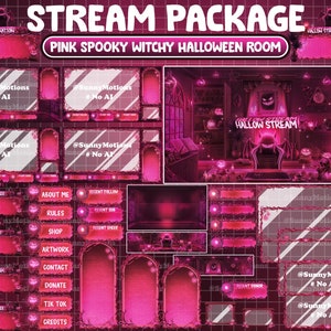 May include: Pink and black Twitch stream overlay package with a spooky witchy Halloween theme. The overlay includes a variety of panels for different purposes, such as a welcome screen, a donation panel, a chat panel, and a social media panel. The overlay also includes a spooky background image with a witch's cauldron, a spider web, and a skull.