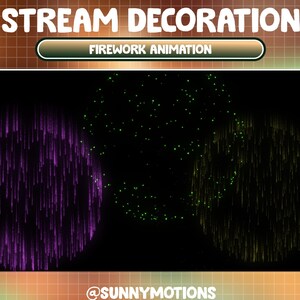 May include: A black background with three animated firework displays. The fireworks are in the shape of circles with purple, green, and yellow sparks. The text "FIREWORK ANIMATION" is at the top of the image. The text "@SUNNYMOTIONS" is at the bottom of the image.