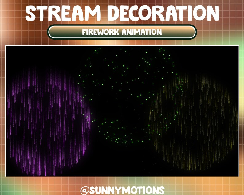 May include: A black background with three animated firework displays. The fireworks are in the shape of circles with purple, green, and yellow sparks. The text "FIREWORK ANIMATION" is at the top of the image. The text "@SUNNYMOTIONS" is at the bottom of the image.