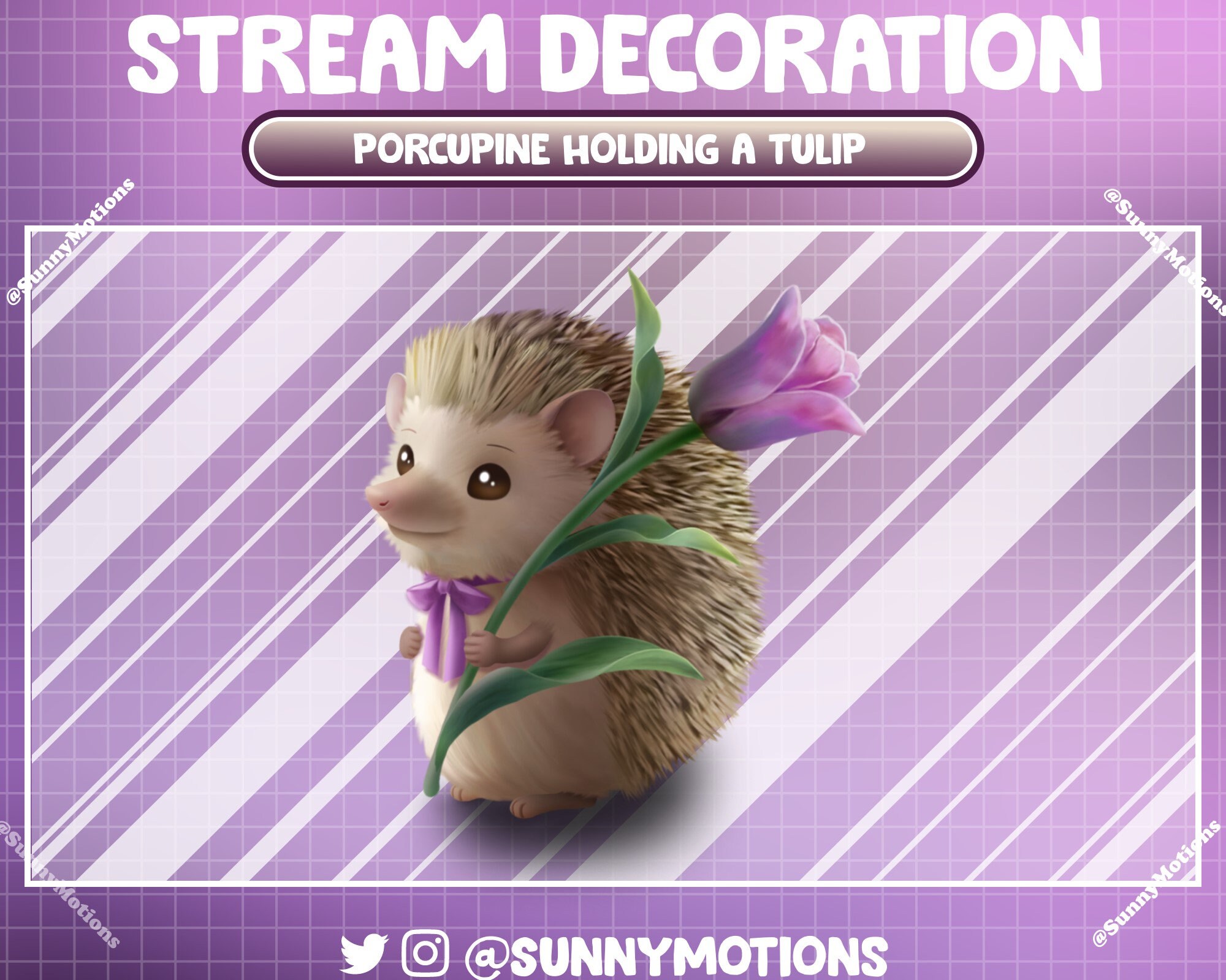 2x Animated Stream Decoration: Lo-fi Aesthetic Porcupines Holding Tulip Flower, Rodents, spiny mammal, Cute Hedgehog Twitch Overlay Add-on