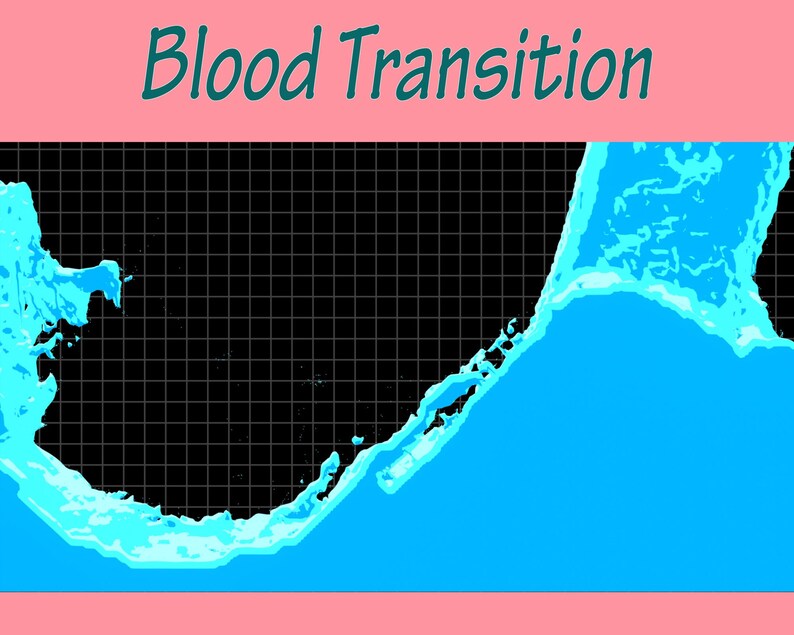 May include: A digital illustration of a blue and light blue wave shape on a black grid background with the text "Blood Transition" at the top of the image.