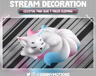 Animerad strömdekoration: Kawaii japansk vitblå rosa 9-svansad räv Twitch-överlägg, Celestial Witchy Spirit Foxy-estetik Vtuber-Asset