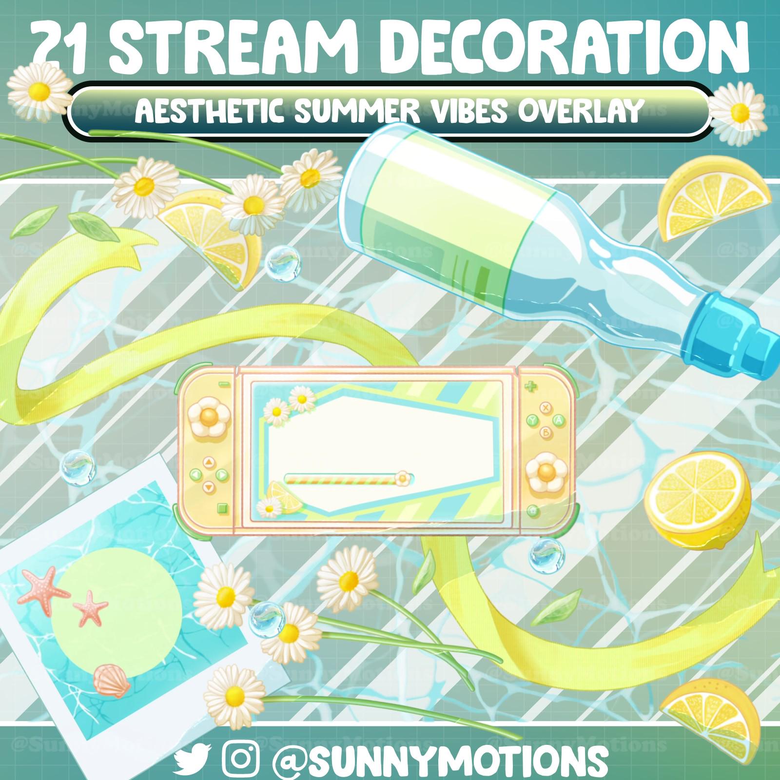21 animierte Stream Dekoration: Lo-fi Ästhetischer Sommer Schalter, Kawaii Flasche, Zitrone, Gänseblümchen Blume, Polaroid, Blase Ozean Meer Twitch Overlay