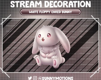 Animated Stream Decoration: White Floppy Eared Bunny Twitch Overlay, Fluffy Rabbit, Easter, Chubby Bunny Alert Vtuber Asset, Webcam Add-on