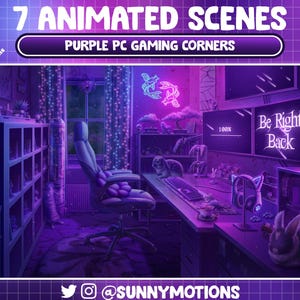 Animated Twitch Screen Overlay: Neon Purple PC Gaming Corners, Spring Night Light, Cherry Blossom Rabbit Room Stream Scene Vtuber Background