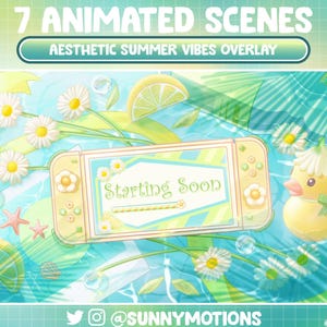 Peut inclure: Une illustration numérique d'une console Nintendo Switch sur le thème de l'été. La console est entourée de fleurs, de citrons et d'un canard en caoutchouc jaune. L'écran affiche le texte "Starting Soon".