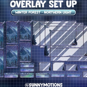 K&ouml;nnte beinhalten: Ein Set von Twitch-Overlays im Winterwald-Thema mit einem blauen und violetten Farbschema. Die Overlays zeigen eine verschneite Bergszene mit einem Nordlicht-Effekt. Der Text "OVERLAY SET UP" und "WINTER FOREST - NORTHERN LIGHT" wird oben im Bild angezeigt. Der Text "Recent Cheer", "Recent Donos", "Recent Follow" und "Recent Sub" wird unten im Bild angezeigt.