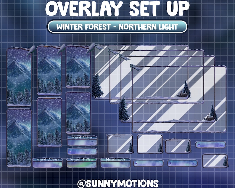 K&ouml;nnte beinhalten: Ein Set von Twitch-Overlays im Winterwald-Thema mit einem blauen und violetten Farbschema. Die Overlays zeigen eine verschneite Bergszene mit einem Nordlicht-Effekt. Der Text "OVERLAY SET UP" und "WINTER FOREST - NORTHERN LIGHT" wird oben im Bild angezeigt. Der Text "Recent Cheer", "Recent Donos", "Recent Follow" und "Recent Sub" wird unten im Bild angezeigt.