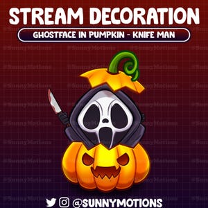 May include: A cartoon illustration of Ghostface from the Scream movie series wearing a black hooded robe and holding a knife. He is inside a carved pumpkin with a scary face. The background is a red and black grid pattern. The text "STREAM DECORATION" and "GHOSTFACE IN PUMPKIN - KNIFE MAN" is at the top of the image.