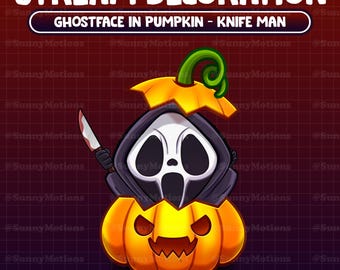Animerad streamdekoration: Estetiskt läskigt spökansikte i pumpa-Twitch-överlägg, Halloweennatt, Liemannen Vtuber-Asset-webbkamera, Alert