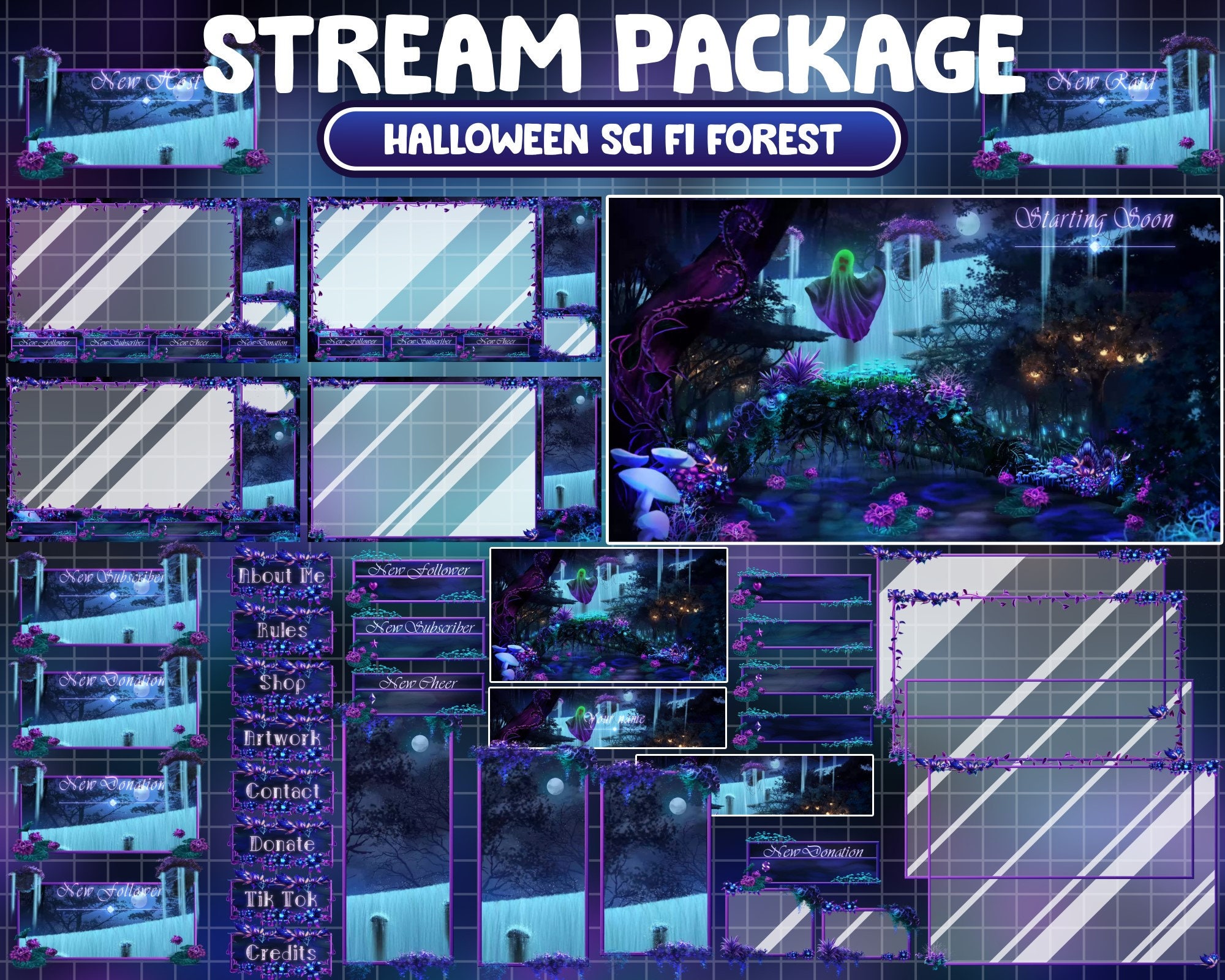ANIMATED Twitch Stream Package / Ghost Spirit Elven Forest / Fantasy Landscape / Calm Fairytale River / Wild Sci fi Flowers, Floating Island