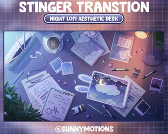 Animated Twitch Stream Stinger Transition / Blue Retro Lofi Desk Night / Cozy Aesthetic Room / Vaporwave / Kawaii Notebook / Liquid Overlay