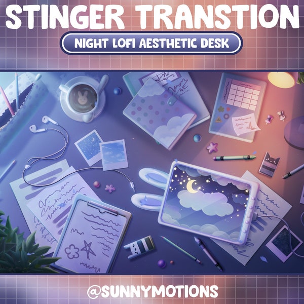 Geanimeerde Twitch Stream Stinger Overgang / Blauw Retro Lofi Bureau Nacht / Gezellige esthetische kamer / Vaporwave / Kawaii notitieboekje / Vloeibare overlay
