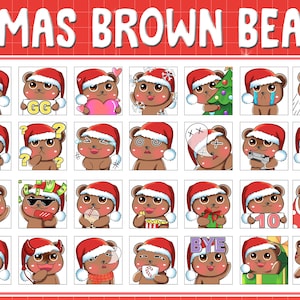 Può includere: Un set di 36 emoticon di orsi marroni a tema natalizio. Gli orsi indossano cappelli di Babbo Natale e hanno diverse espressioni, tra cui felici, tristi, sorpresi e arrabbiati. Alcuni orsi tengono oggetti come un albero di Natale, un regalo e una pistola.
