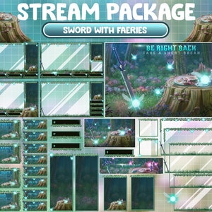 ANIMATED Stream Package / Warrior Fantasy Sword Twitch Overlay / Magical Turquoise Fairy Theme / Mint Green Faeries / Dust Forest Night Time