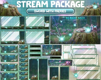 ANIMATED Stream Package / Warrior Fantasy Sword Twitch Overlay / Magical Turquoise Fairy Theme / Mint Green Faeries / Dust Forest Night Time