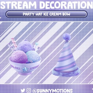 2x Animated Stream Decoration: Paste Blue Purple Hat Happy Birthday Party, Ice Cream Bow, Yummy Dessert, Celebrate Anniversary Twitch Add on