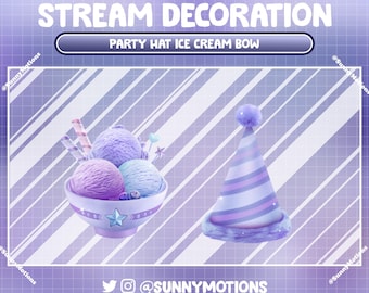 2x Animated Stream Decoration: Paste Blue Purple Hat Happy Birthday Party, Ice Cream Bow, Yummy Dessert, Celebrate Anniversary Twitch Add on