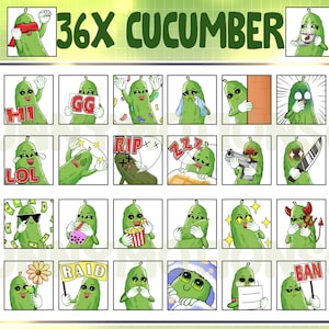 36 Cute Chibi Kawaii Green Cucumber Twitch Discord Mixer Youtube Emotes / Fruit Emoji Food Subscriber Badge / Pickles Loyalty Sub Bit Badges