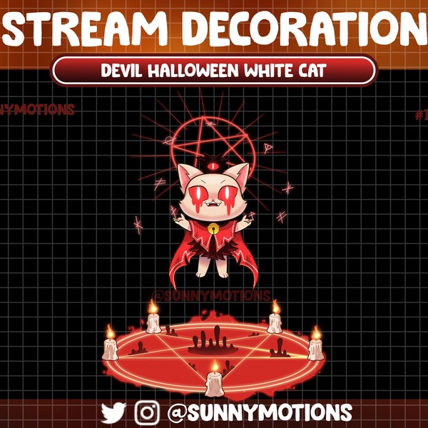 Animated Stream Decoration: Aesthetic Devil White Cat, Spooky Halloween Witchy Kitty, Evil Ghost Celestial Fire Star Circle Twitch Overlay