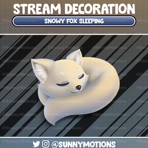 May include: A white arctic fox curled up sleeping on a black and gray striped background. The fox has closed eyes and a pink nose. The text "SNOWY FOX SLEEPING" is displayed above the fox.