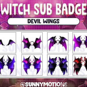 Puede incluir: Un conjunto de ocho insignias de suscripción de Twitch con alas de diablo en varios colores, incluidos el negro, el morado, el rosa y el rojo. Las insignias están diseñadas con un estilo de dibujos animados y son perfectas para agregar un toque de fantasía a tu canal de Twitch.